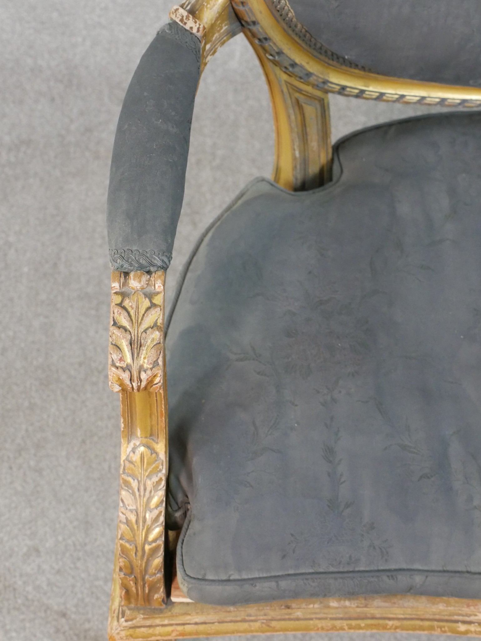 A French Louis XVI style carved giltwood canape, upholstered in grey fabric to the oval back, the - Image 5 of 6