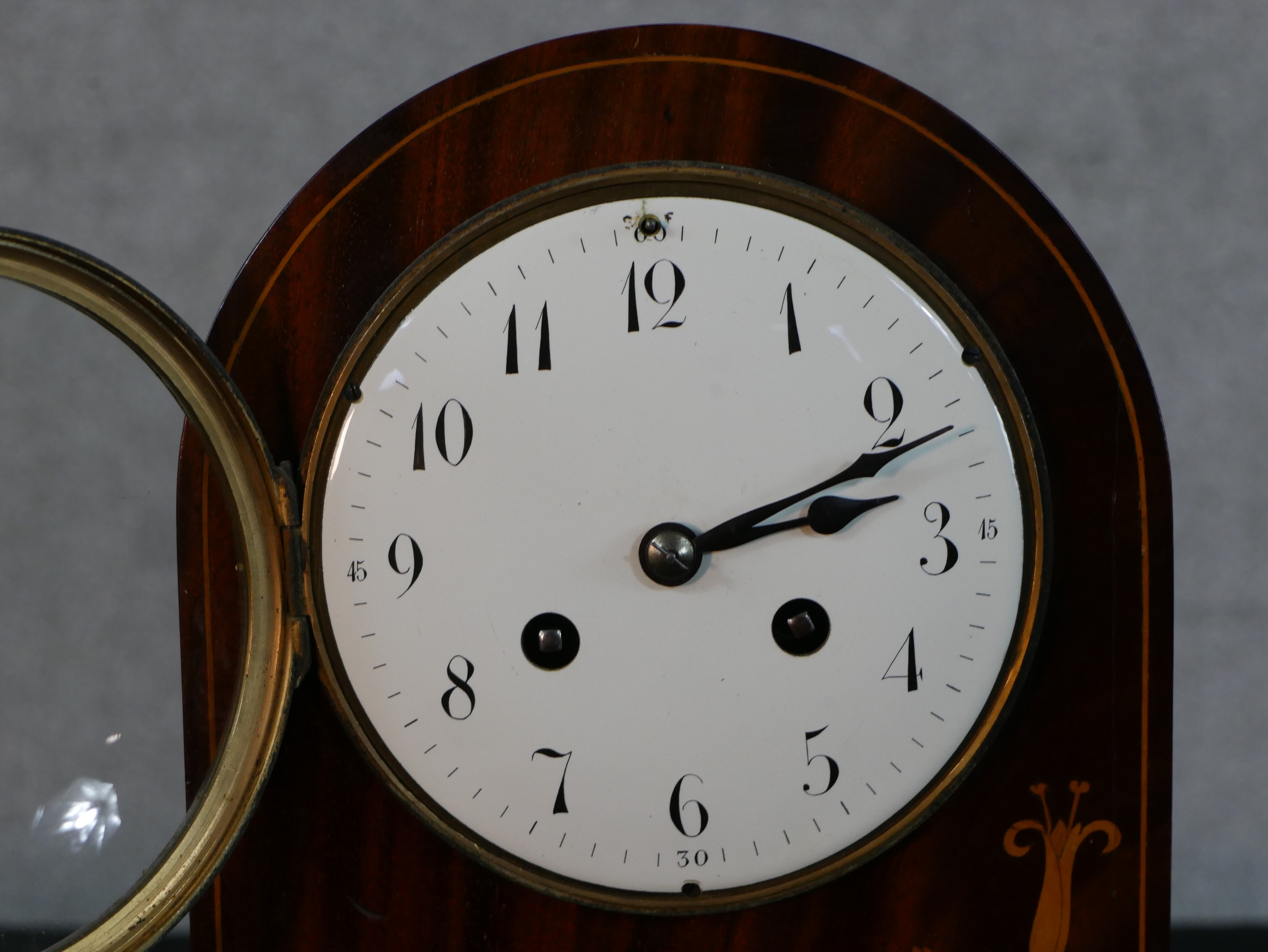 An Edwardian inlaid mahogany dome topped mantle clock, white enamel dial with black painted Arabic - Image 5 of 7