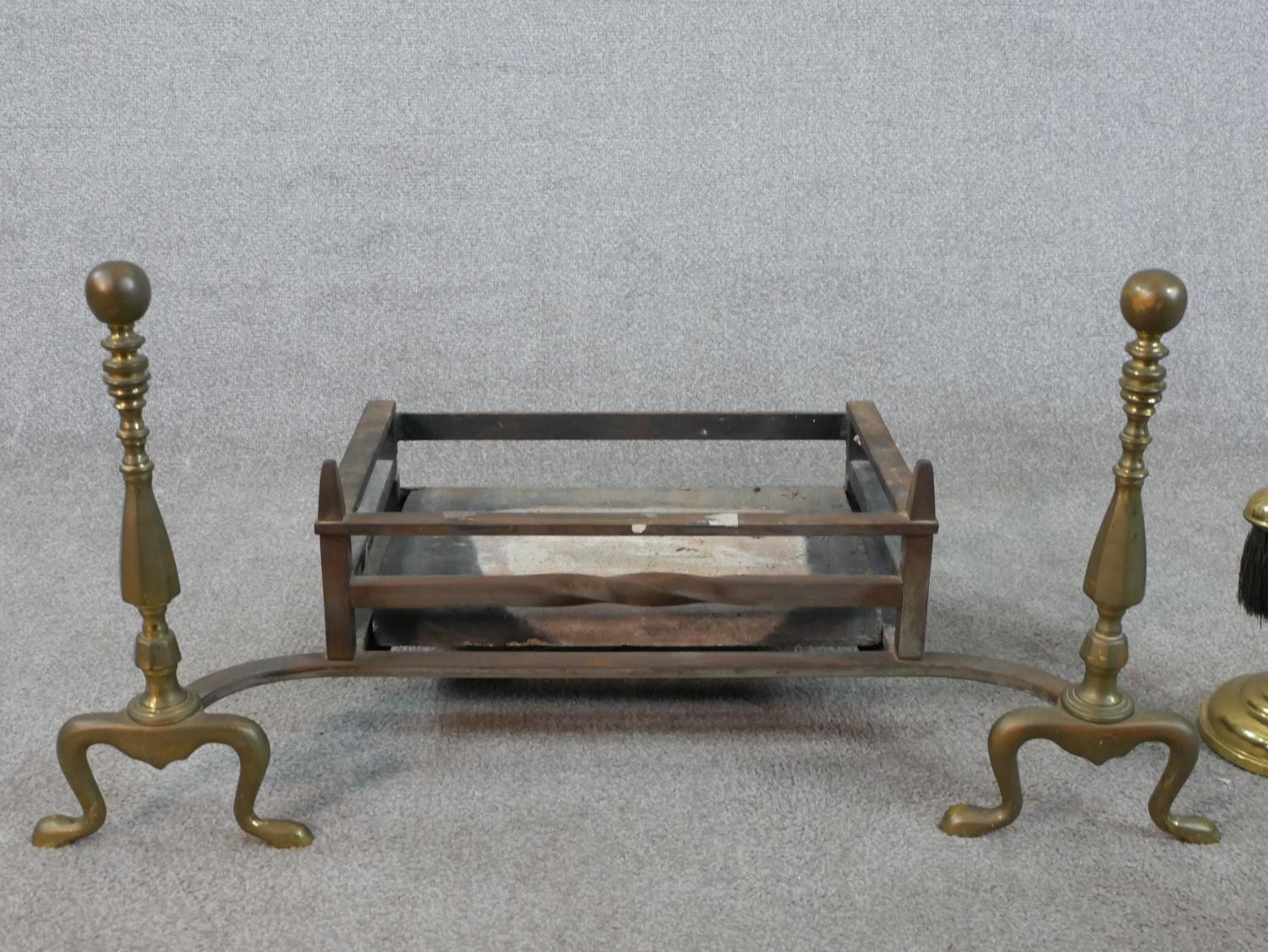 A 19th century iron fire basket complete with a pair of brass andirons, together with an - Image 2 of 7