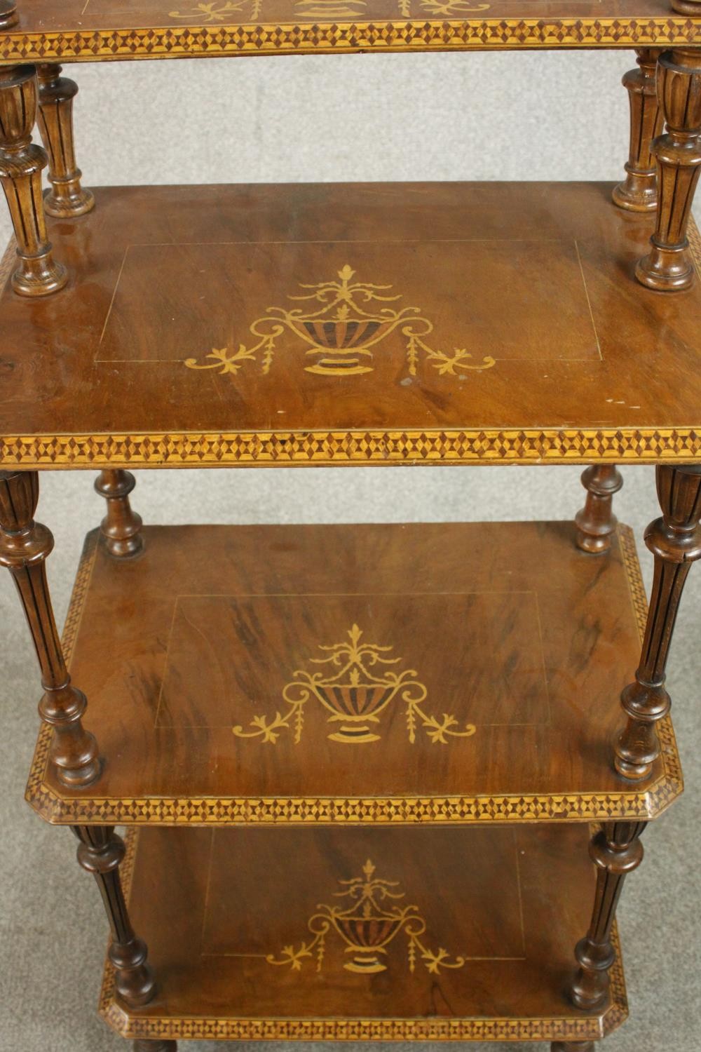 An Edwardian marquetry inlaid walnut whatnot of four tiers on turned and fluted supports. H.116 W.54 - Image 6 of 8