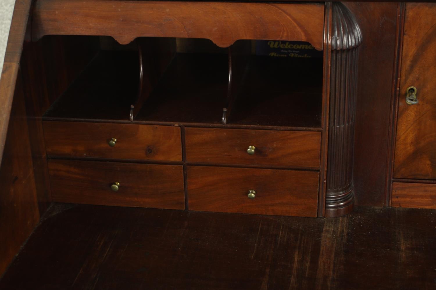 A 19th century mahogany bureau, the fall front enclosing a green writing surface with an arrangement - Image 7 of 12