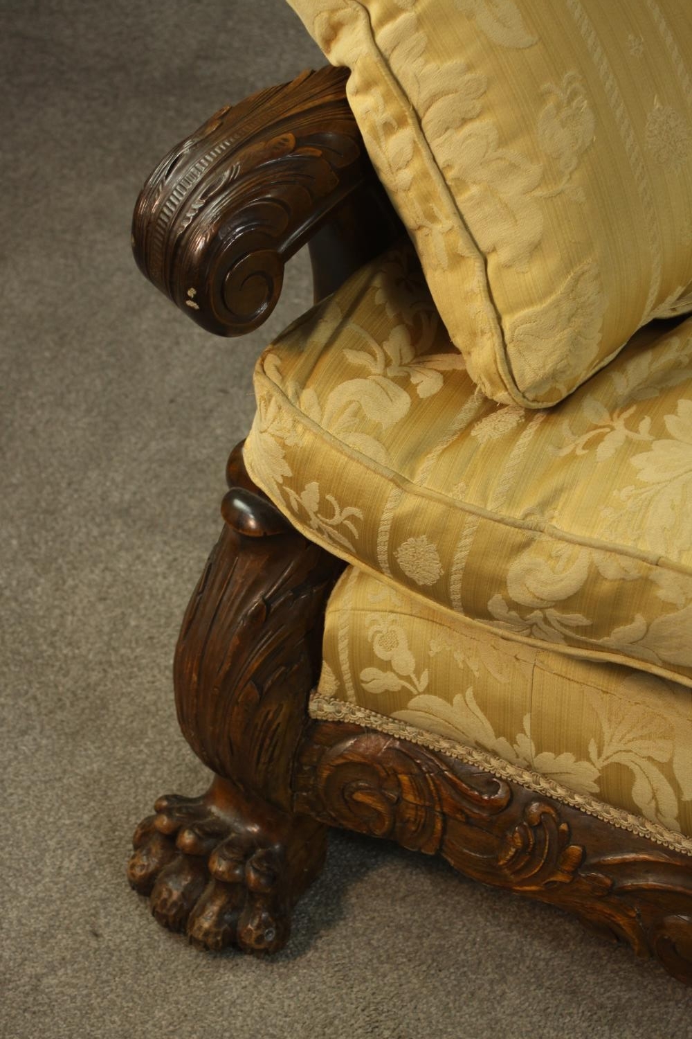 An early 20th century Continental carved walnut three seater bergere sofa, upholstered in gold - Image 5 of 18