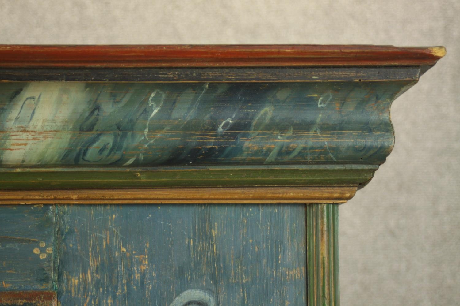 An early 19th century central European painted pine cupboard, painted in hues of blue, 1803, with - Image 10 of 11