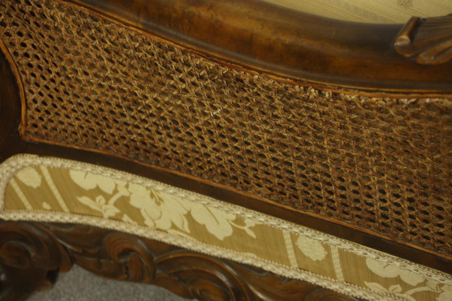 An early 20th century Continental carved walnut three seater bergere sofa, upholstered in gold - Image 18 of 18