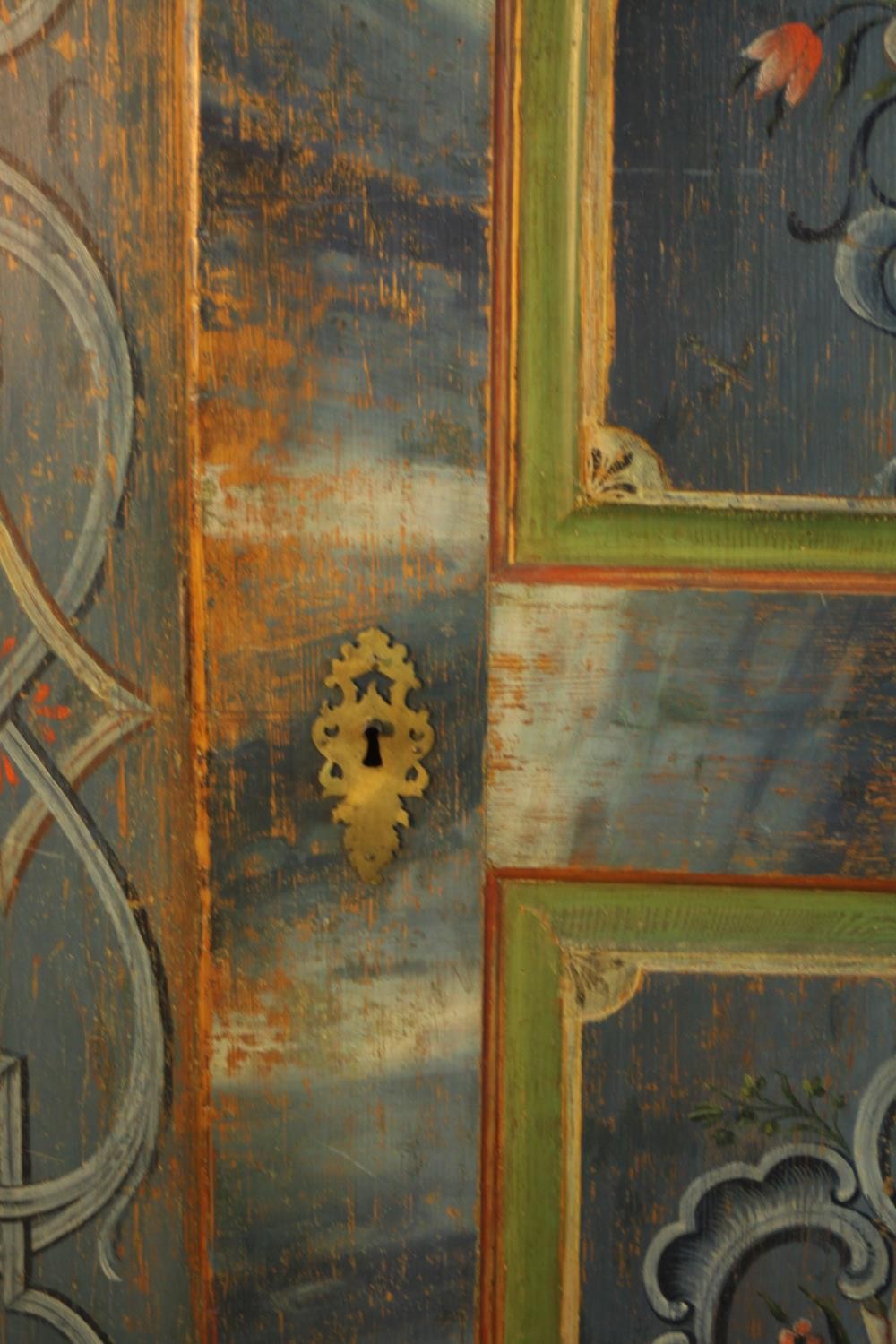 An early 19th century central European painted pine cupboard, painted in hues of blue, 1803, with - Image 9 of 11