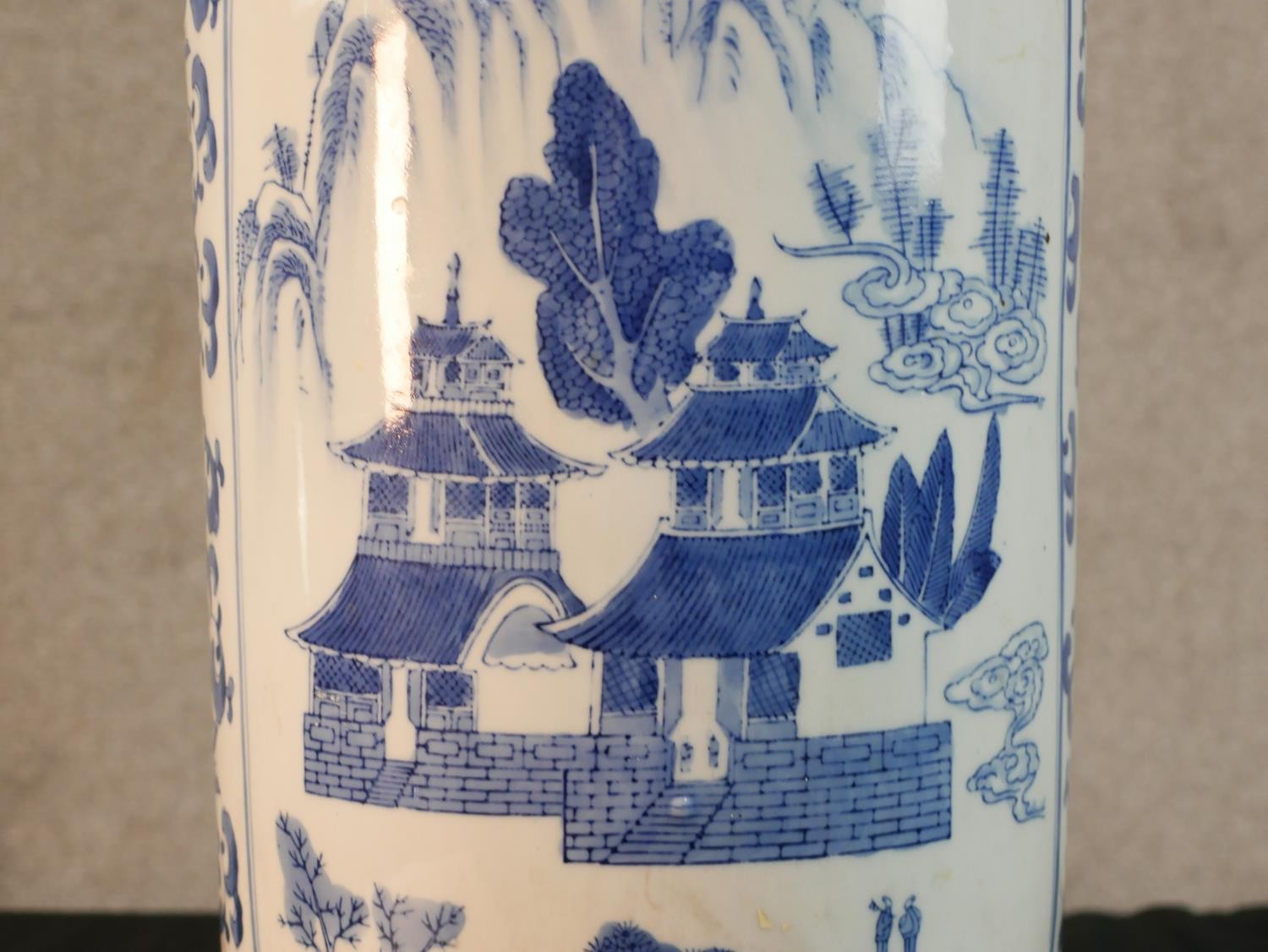 A late 20th century Chinese blue and white porcelain umbrella stand, of cylindrical form decorated - Image 3 of 8