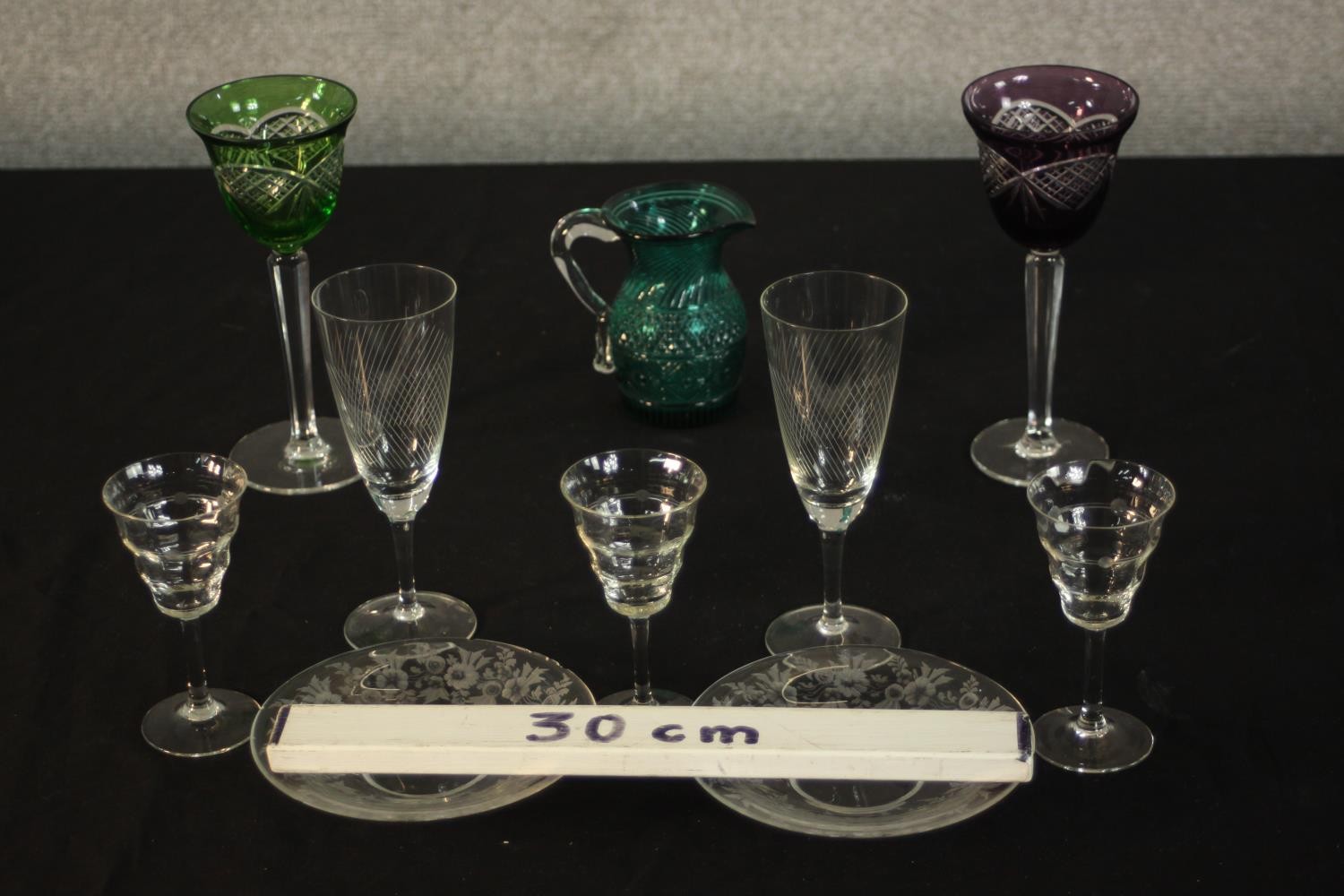 A collection of cut glass, including two Bohemian cut to clear green and purple wine glasses, two - Image 2 of 9