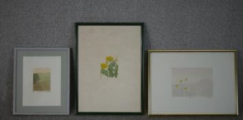Three framed and glazed signed engravings of flowers and landscapes. 'Return to the Land' by Chris