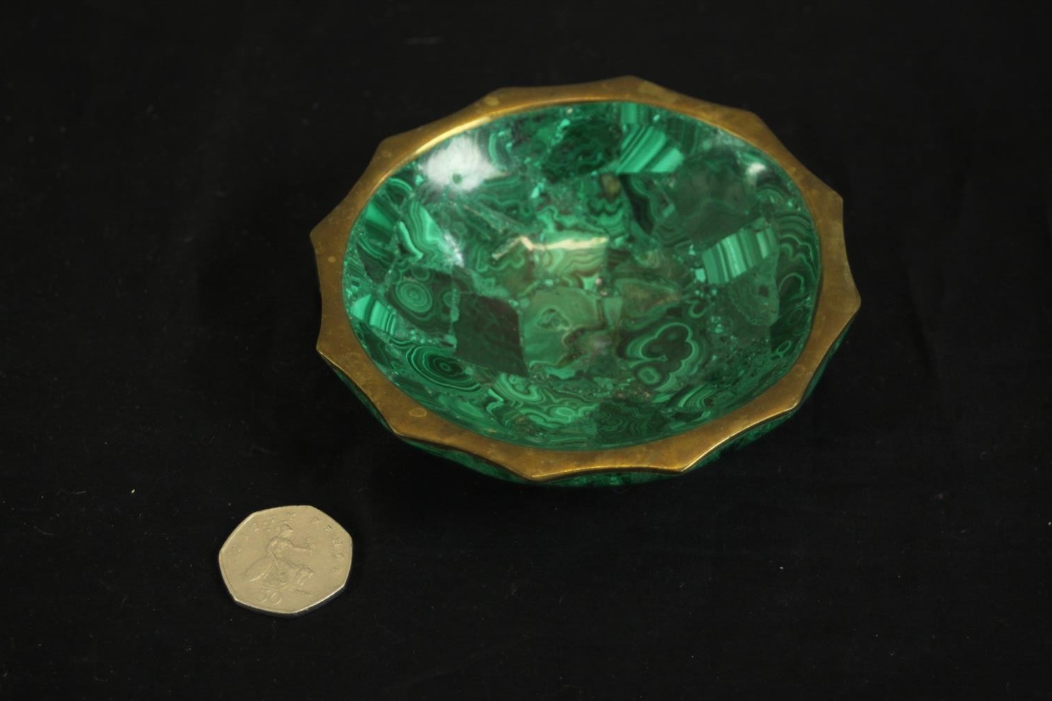 A 20th century malachite bowl with a bronze scalloped edge. H.2.5 Dia.11cm. - Image 2 of 6
