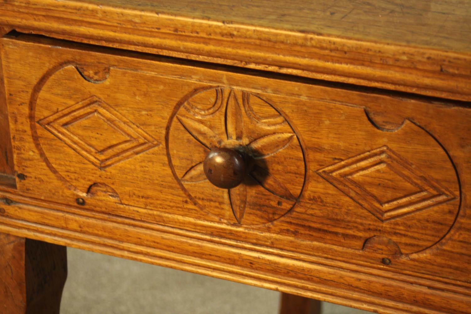 An early 20th century far Eastern hardwood, possibly Narra wood (amboyna) desk, with two carved - Image 5 of 8