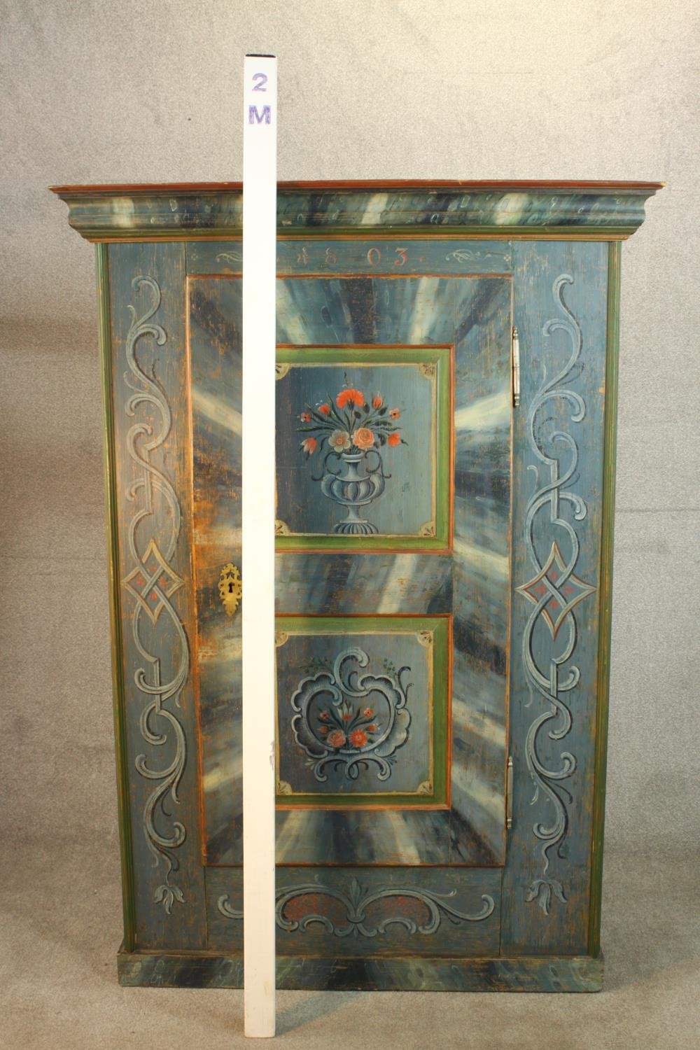 An early 19th century central European painted pine cupboard, painted in hues of blue, 1803, with - Image 2 of 11