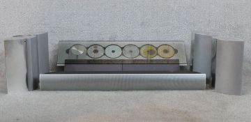 A Bang and Olufsen Beosound system with speakers and sound bar. H.25 W.100 D.12cm (largest)