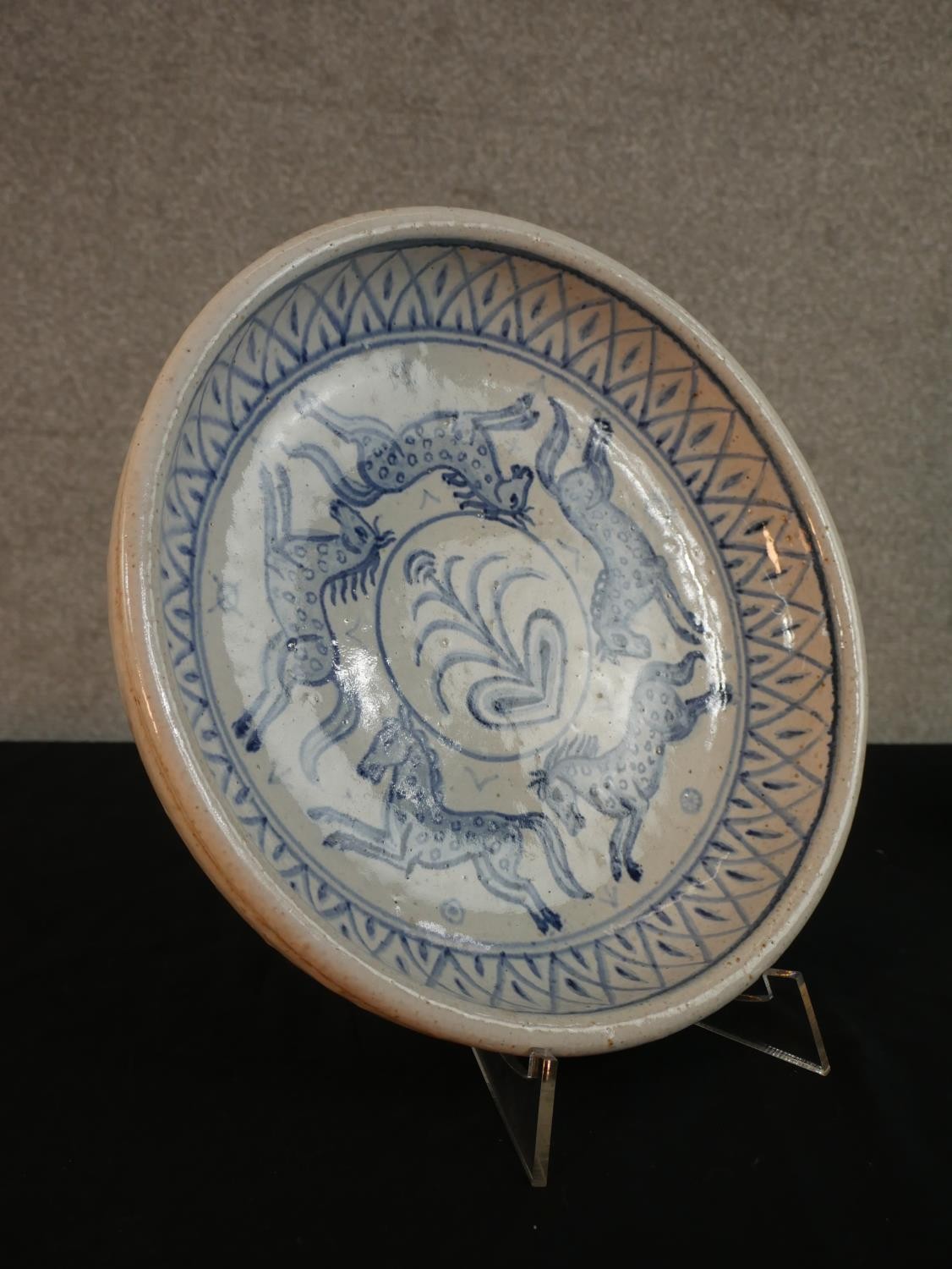 A large Bornholm stoneware hand painted bowl with horse design stamped to the back L. Hjorth, - Image 4 of 9