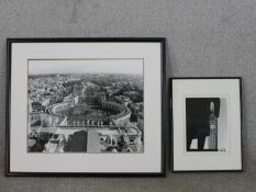 Two framed and glazed 20th century black and white photos, one of Churchill with Big Ben in the