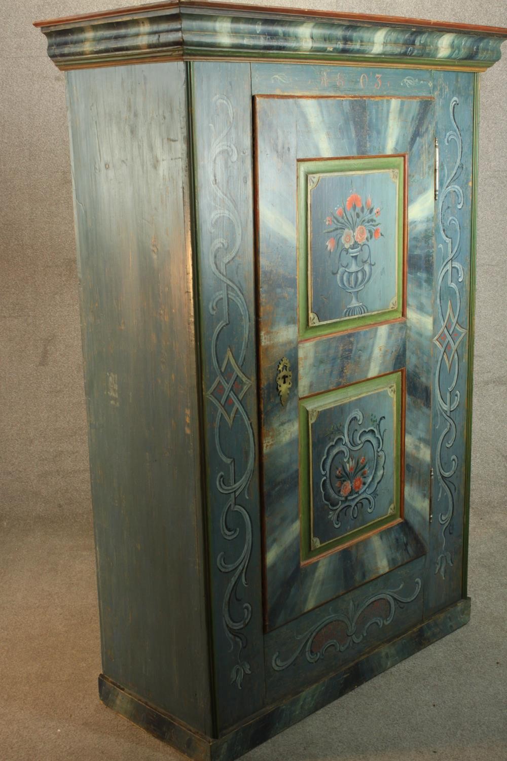 An early 19th century central European painted pine cupboard, painted in hues of blue, 1803, with - Image 3 of 11