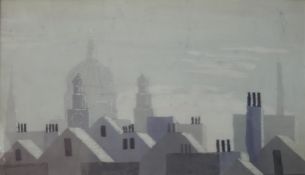 Elizabeth Verrall, batik on cotton, London Rooftop Cityscape, signed and label verso. H.42 W.72cm