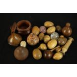 A collection of treen items and stone eggs. A rose quartz and two marble eggs. H.7 Dia.9cm. (