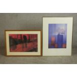 Liz Sutherland, watercolour cityscape, label and inscribed verso along with a signed etching. H.77