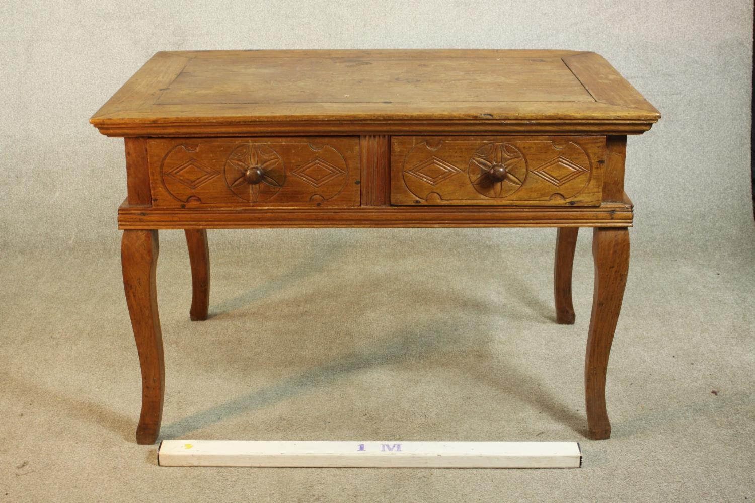 An early 20th century far Eastern hardwood, possibly Narra wood (amboyna) desk, with two carved - Image 2 of 8