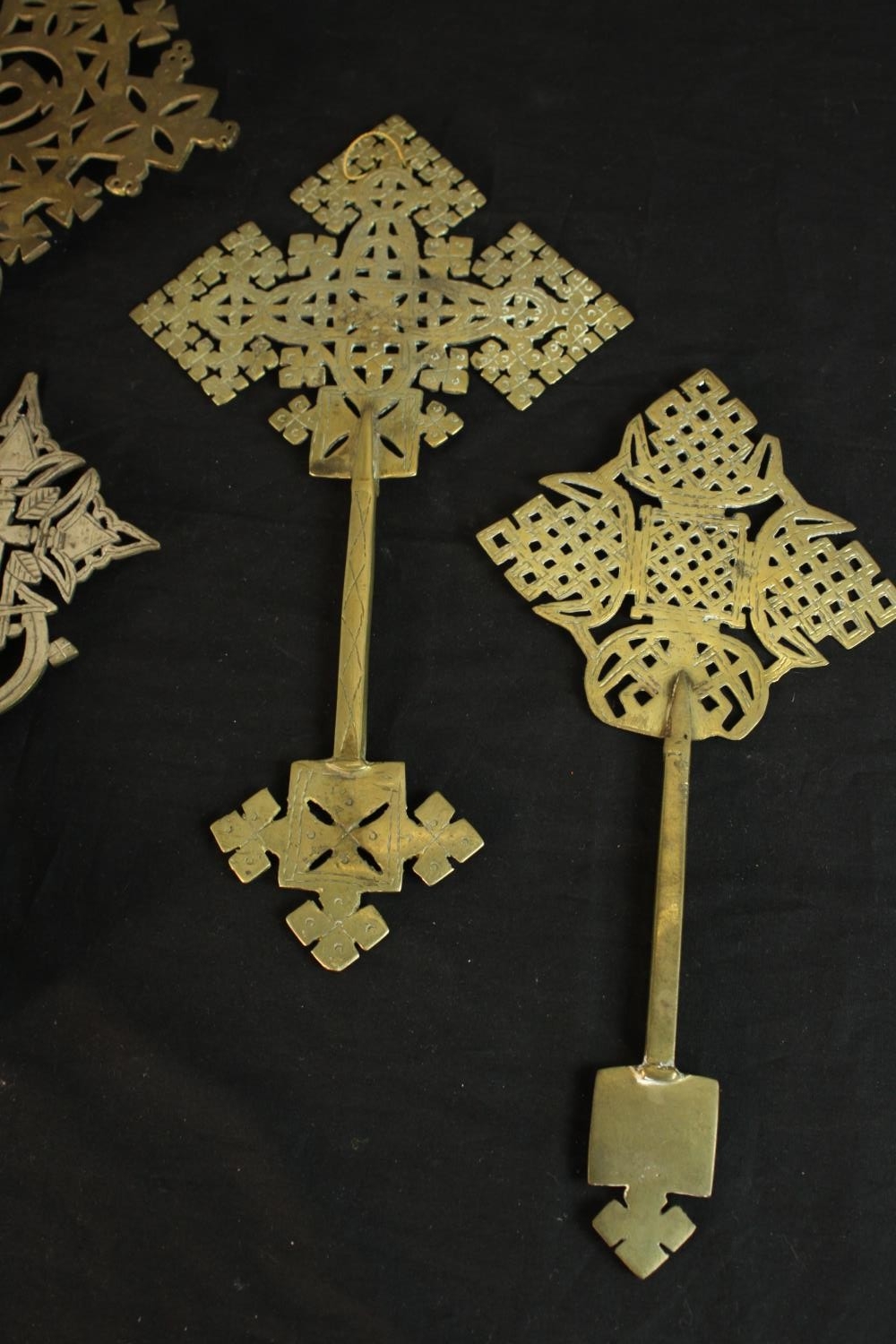 Seven Ethiopian Coptic brass and silver plated hand crosses, two with engraved detailing. H.36 W. - Image 6 of 9