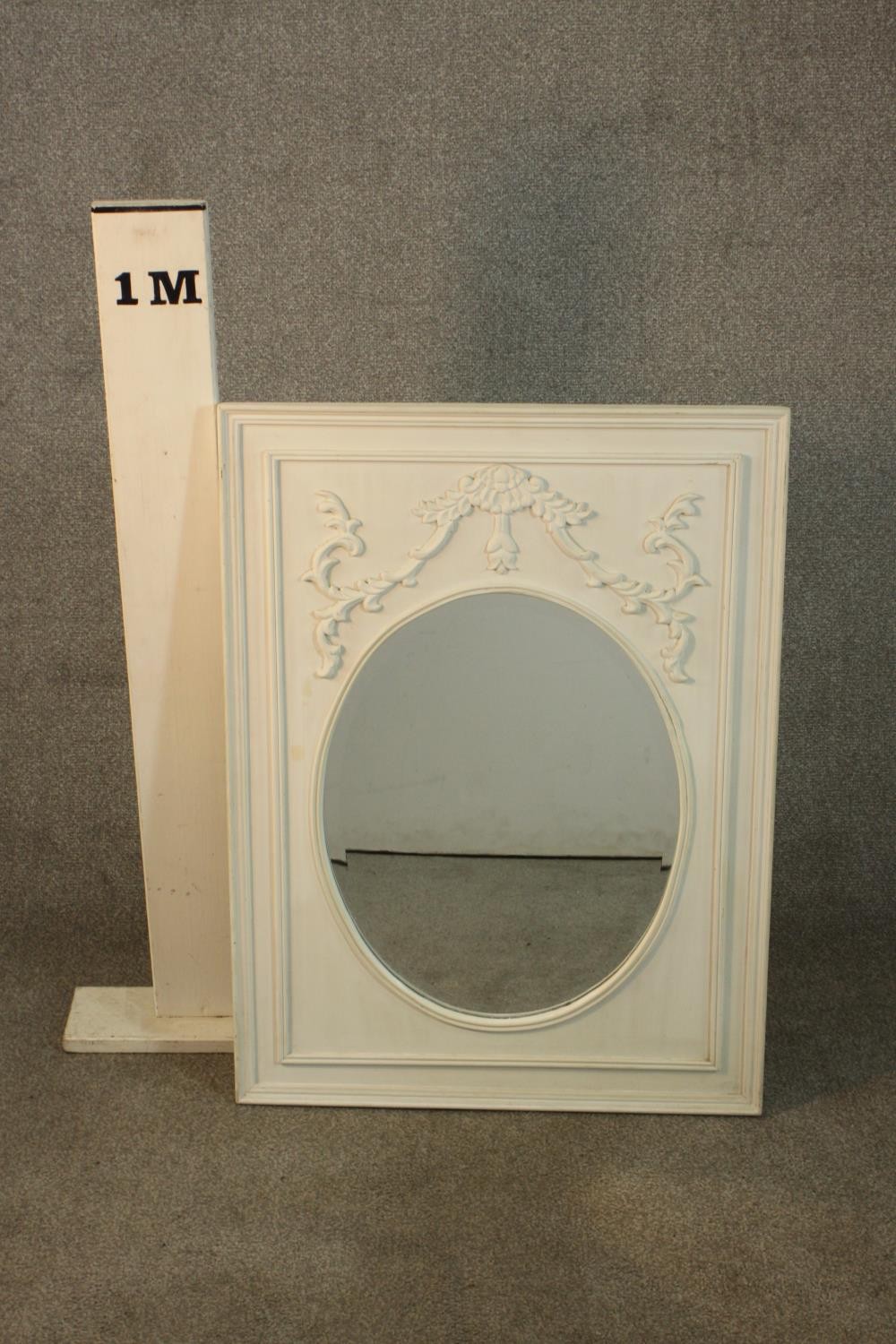 A 19th century style white painted mirror, the oval mirrored plate in a rectangular frame with - Image 3 of 5