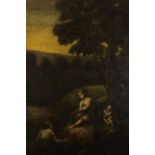 A very large framed 19th century oil on canvas of three figures under a tree with hills in the