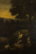 A very large framed 19th century oil on canvas of three figures under a tree with hills in the