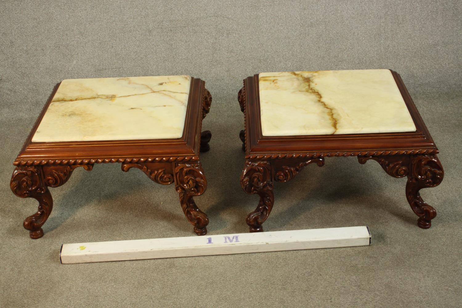 A pair of late 20th century carved hardwood low side tables, with a square onyx top and a - Image 2 of 6