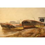 Jonathan Pike (b.1949), watercolour on paper of moored barges, signed.