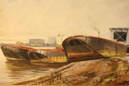 Jonathan Pike (b.1949), watercolour on paper of moored barges, signed.