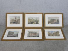 Six framed and glazed 19th century hand coloured engravings of English landmark buildings,