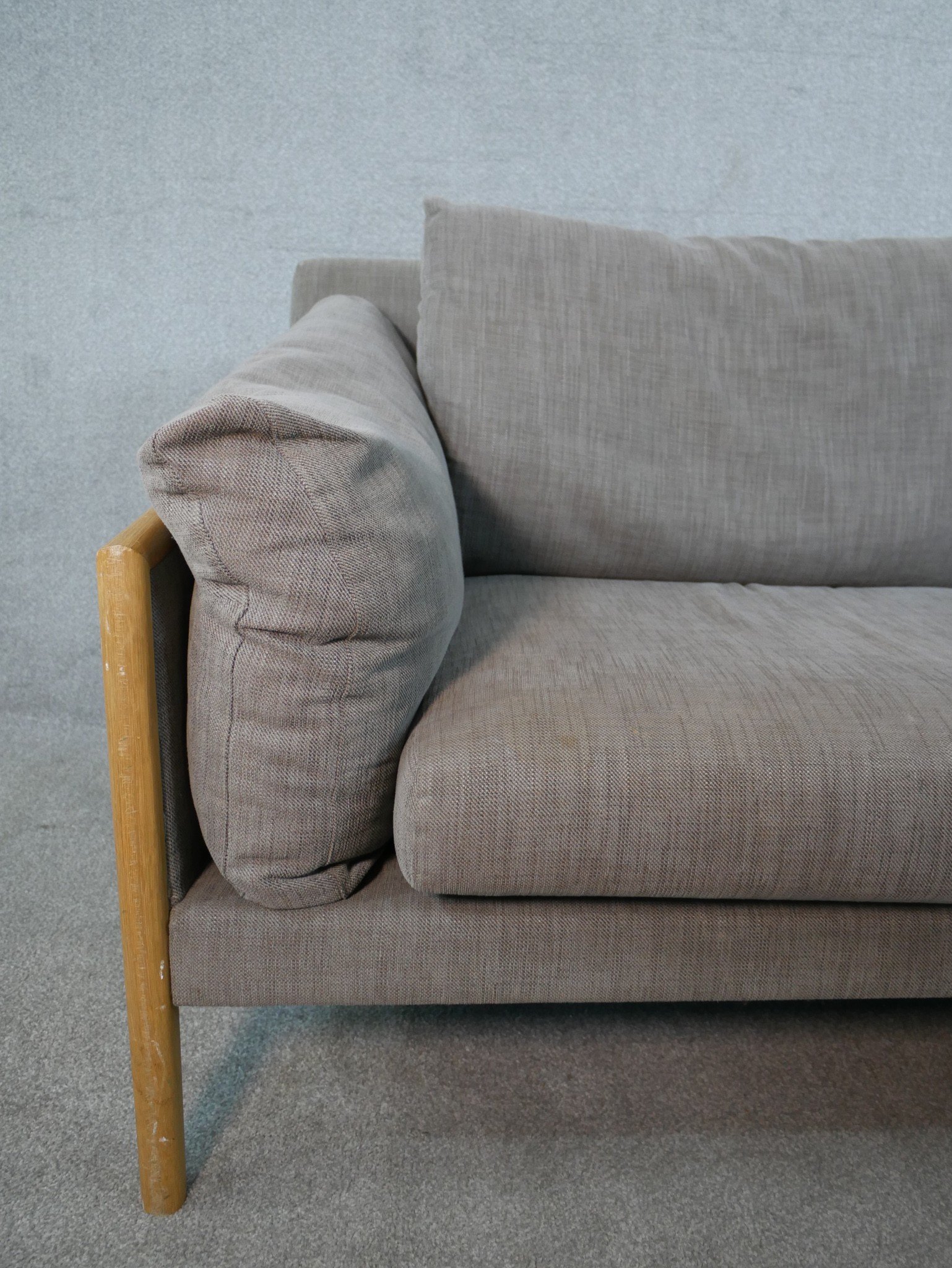 A John Lewis two seater sofa, upholstered in grey fabric, with oak arms and legs. H.77 W.192 D.88cm - Image 3 of 8