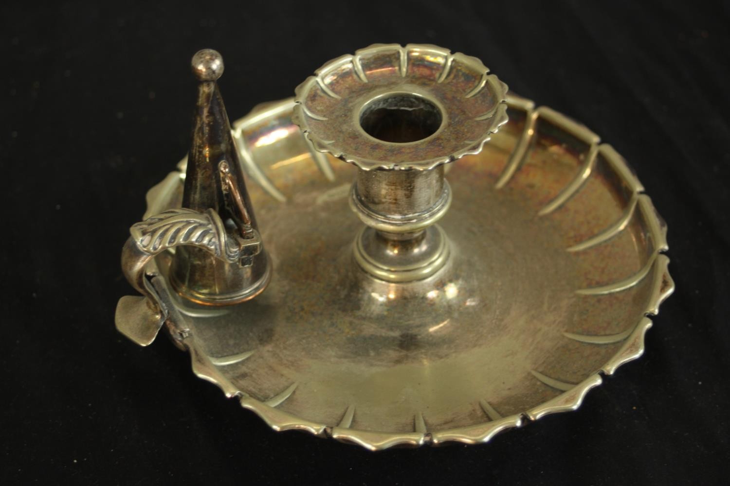 A silver plated chamber stick with snuffer along with a pierced silver plated basket. H.5 Dia. - Image 5 of 10
