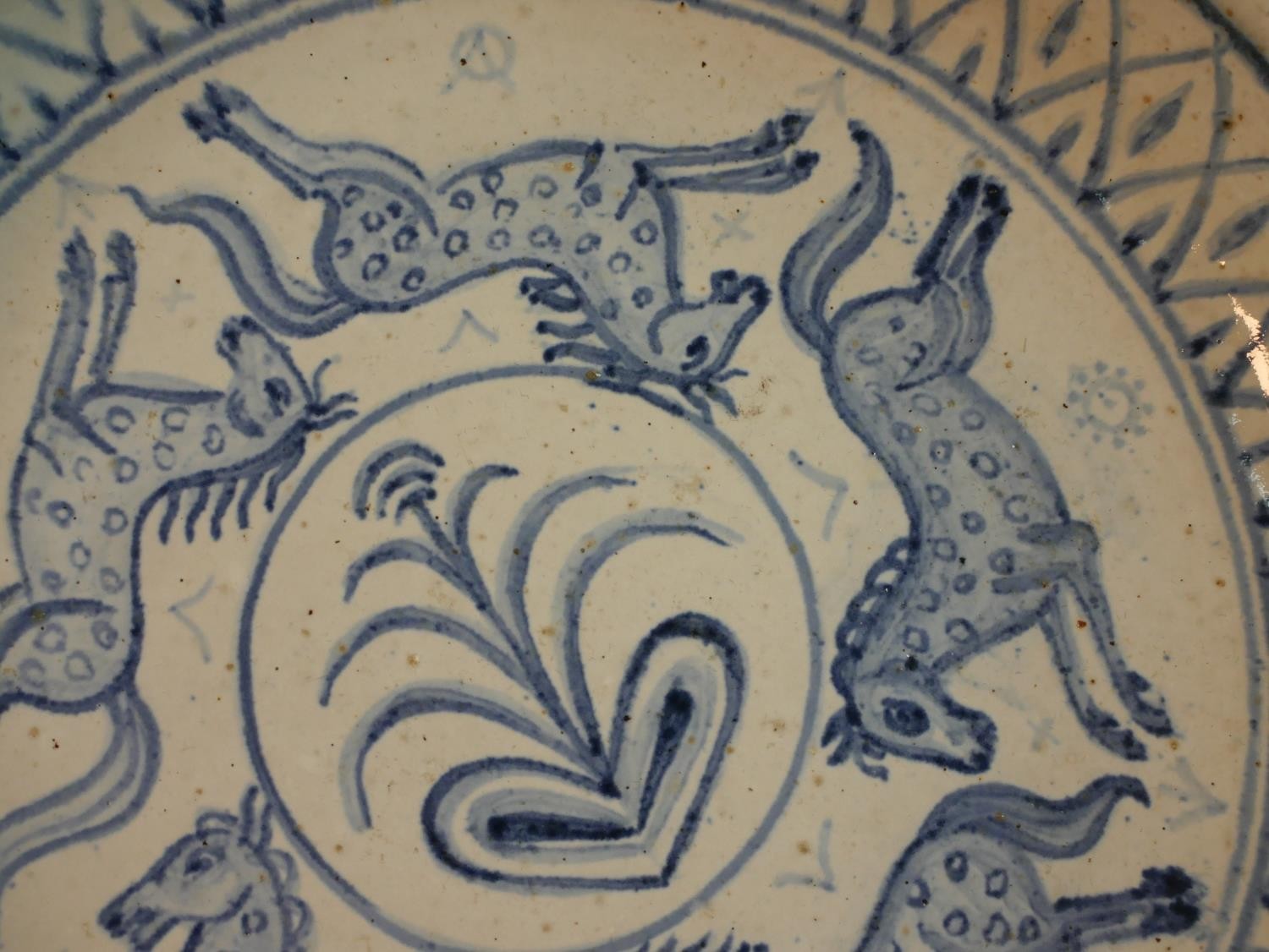 A large Bornholm stoneware hand painted bowl with horse design stamped to the back L. Hjorth, - Image 3 of 9