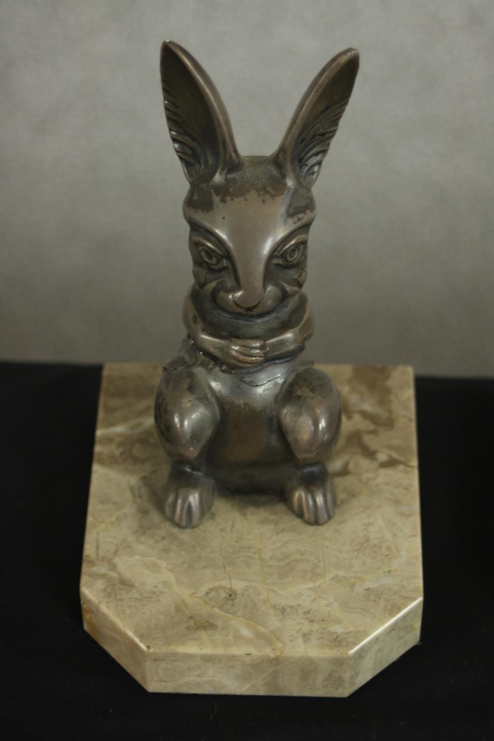 H.Moreau, a pair of Art Deco silvered metal rabbit bookends on marble bases, signed in cast 'H. - Image 3 of 8