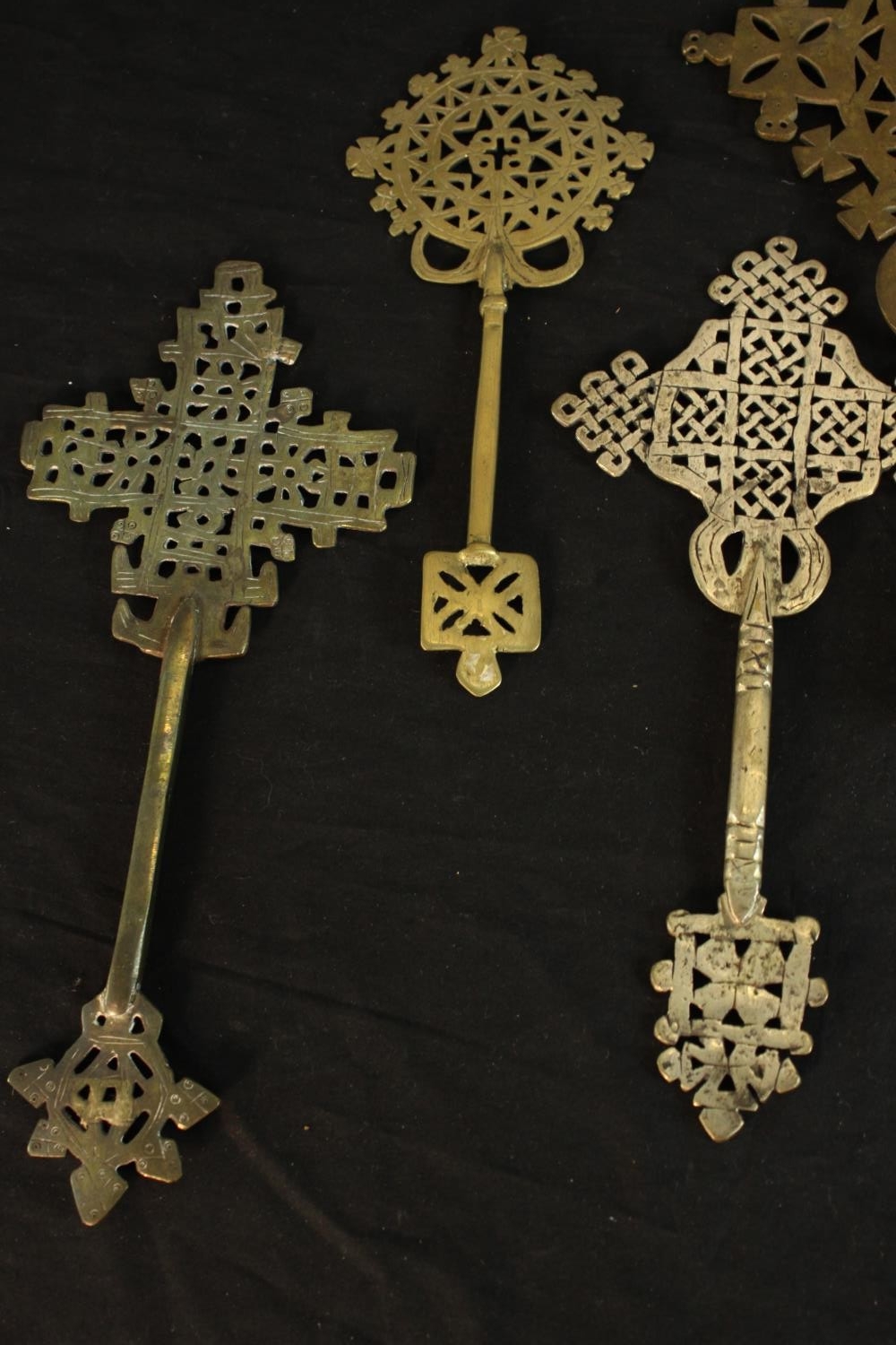 Seven Ethiopian Coptic brass and silver plated hand crosses, two with engraved detailing. H.36 W. - Image 8 of 9