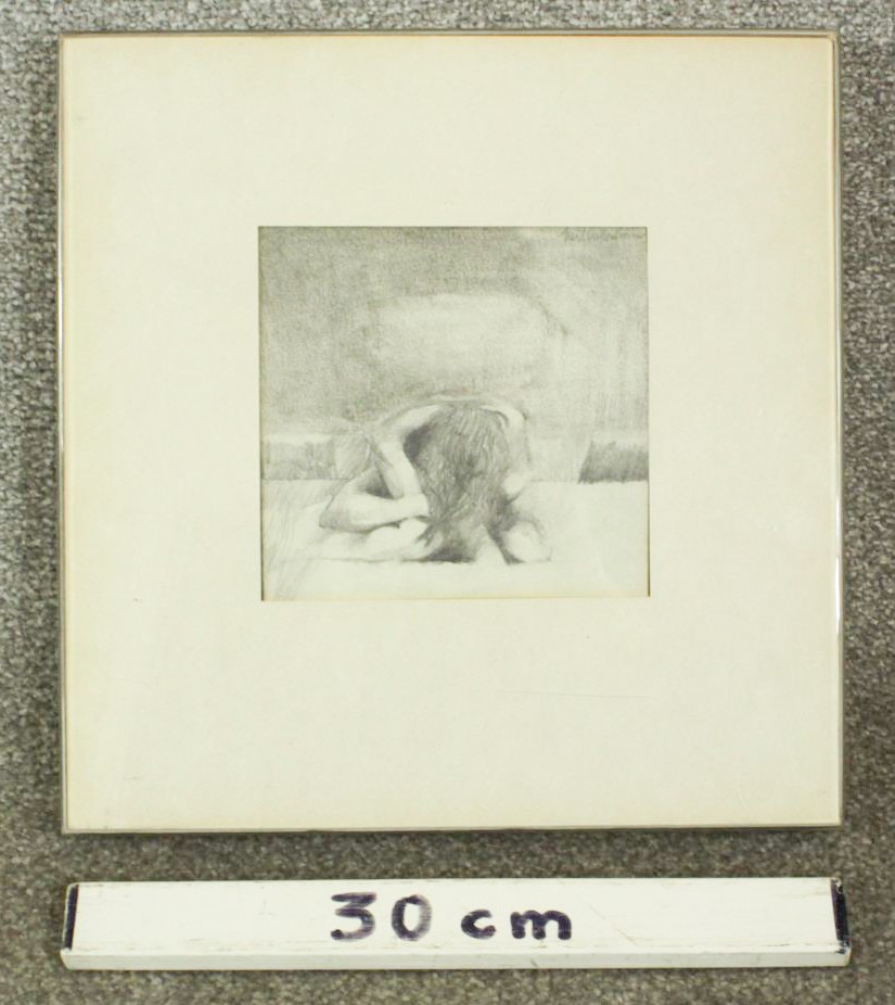 A framed and glazed pencil drawing of a nude female hunched over, indistinctly signed. H.31 W.31cm - Image 3 of 4
