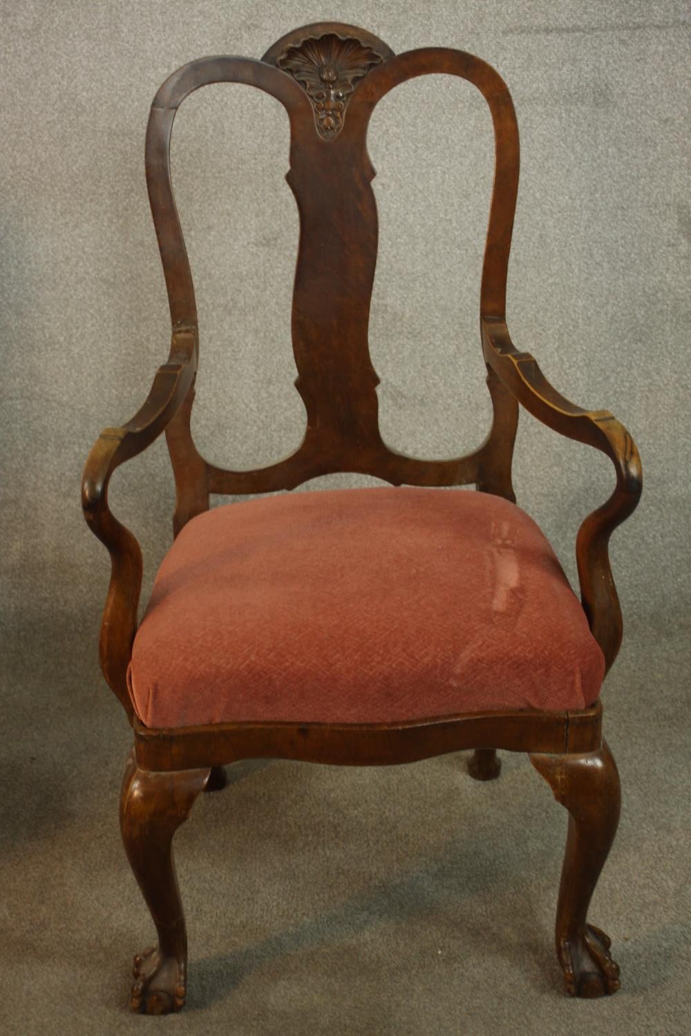 A French Louis XV style fauteuil armchair, upholstered in dark pink fabric on cabriole legs, - Image 2 of 9