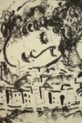 After Marc Chagall (1887-1985) black and white lithograph, 'The Village'. H.62 W.53cm.