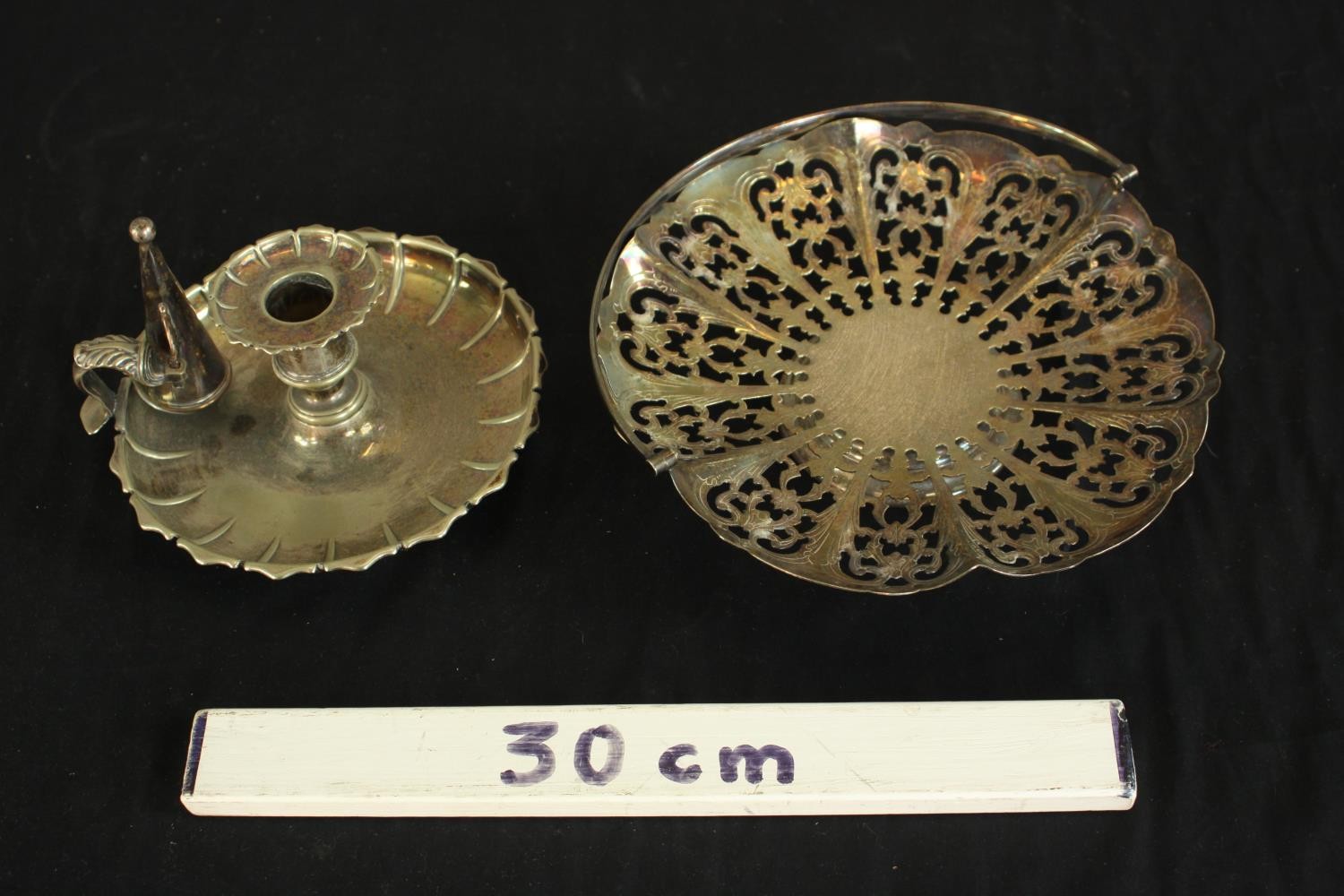 A silver plated chamber stick with snuffer along with a pierced silver plated basket. H.5 Dia. - Image 2 of 10