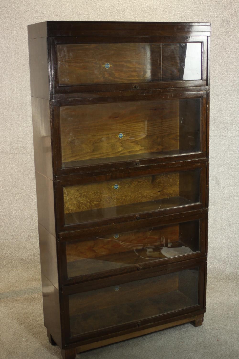 A mid 20th century Globe Wernicke oak stacking bookcase, the five sections with raising glass doors, - Image 7 of 8