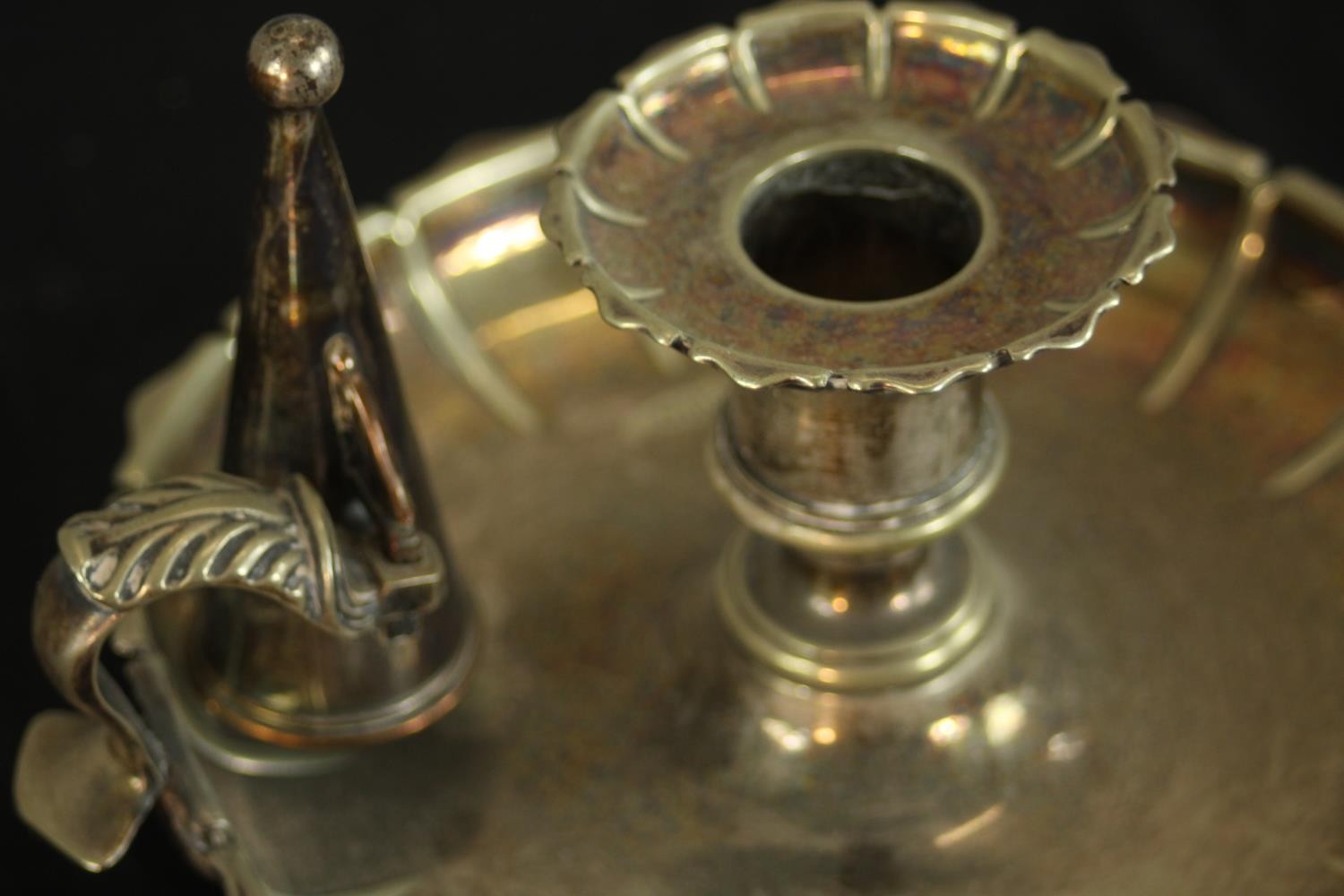 A silver plated chamber stick with snuffer along with a pierced silver plated basket. H.5 Dia. - Image 6 of 10