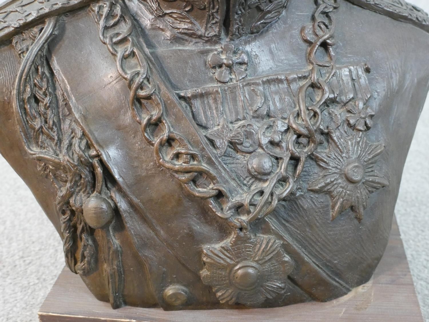 A cast bronze portrait bust of Persian Shah Mohammad Reza Pahlavi in military uniform, mounted on - Image 6 of 9