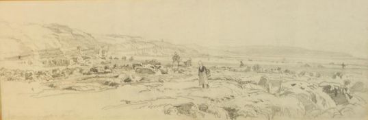 After Henry Moore of Hull (1831 - 1895), pencil drawing of a coastal scene with figures,