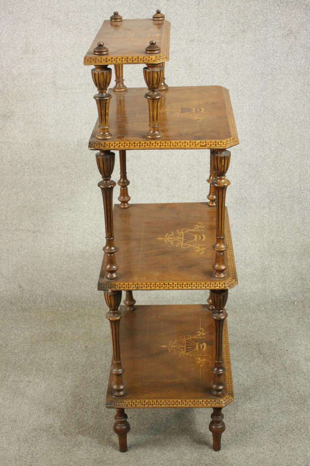 An Edwardian marquetry inlaid walnut whatnot of four tiers on turned and fluted supports. H.116 W.54 - Image 7 of 8