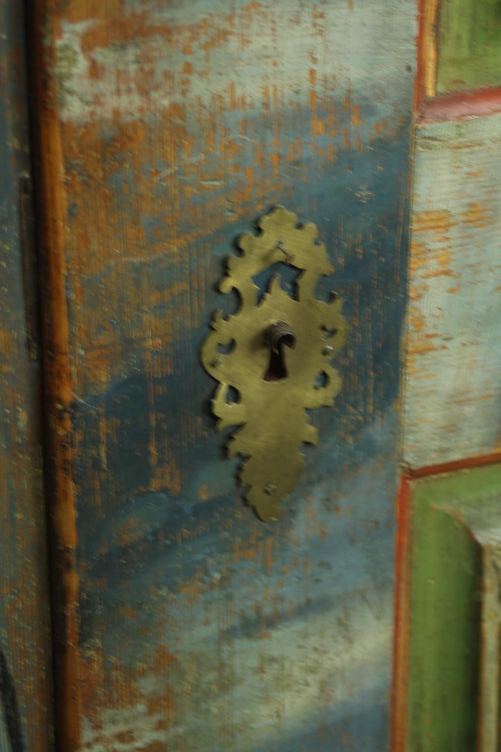 An early 19th century central European painted pine cupboard, painted in hues of blue, 1803, with - Image 11 of 11