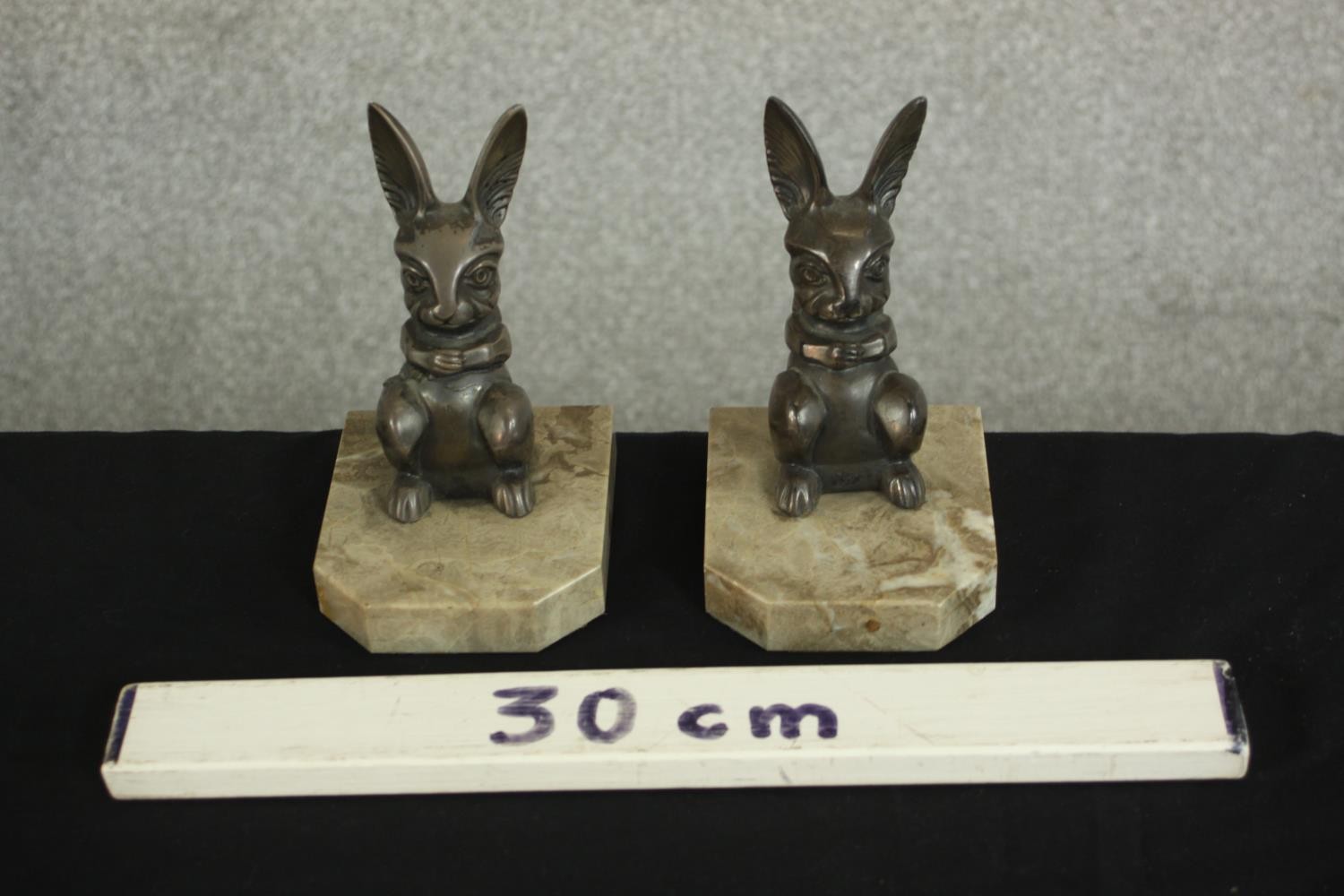 H.Moreau, a pair of Art Deco silvered metal rabbit bookends on marble bases, signed in cast 'H. - Image 2 of 8