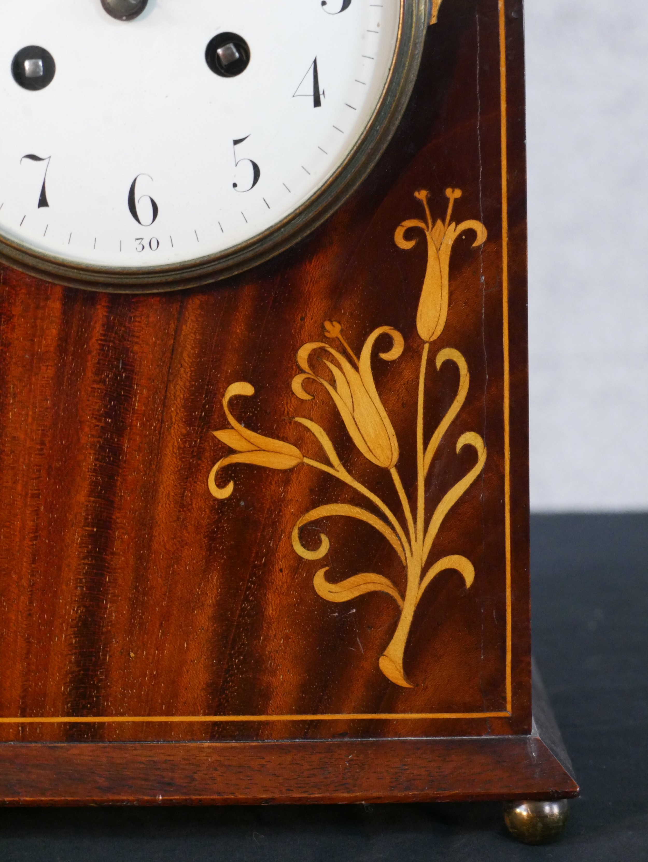 An Edwardian inlaid mahogany dome topped mantle clock, white enamel dial with black painted Arabic - Image 6 of 7