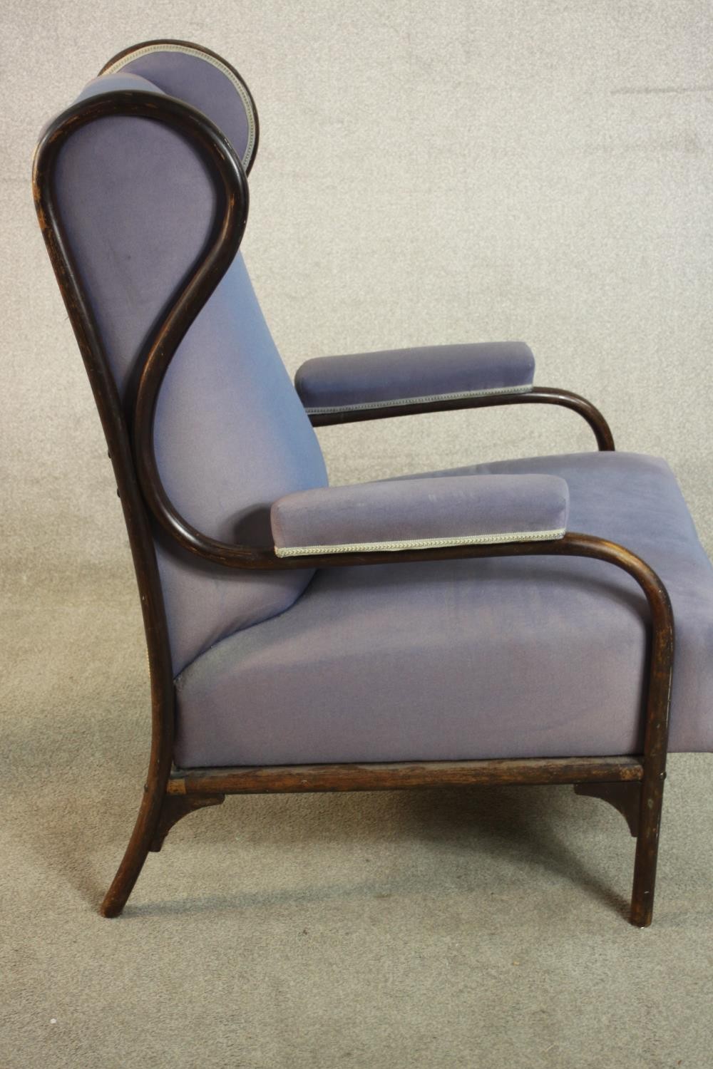A late 19th/early 20th century bentwood wingback armchair, in the manner of Thonet, upholstered in - Image 4 of 12