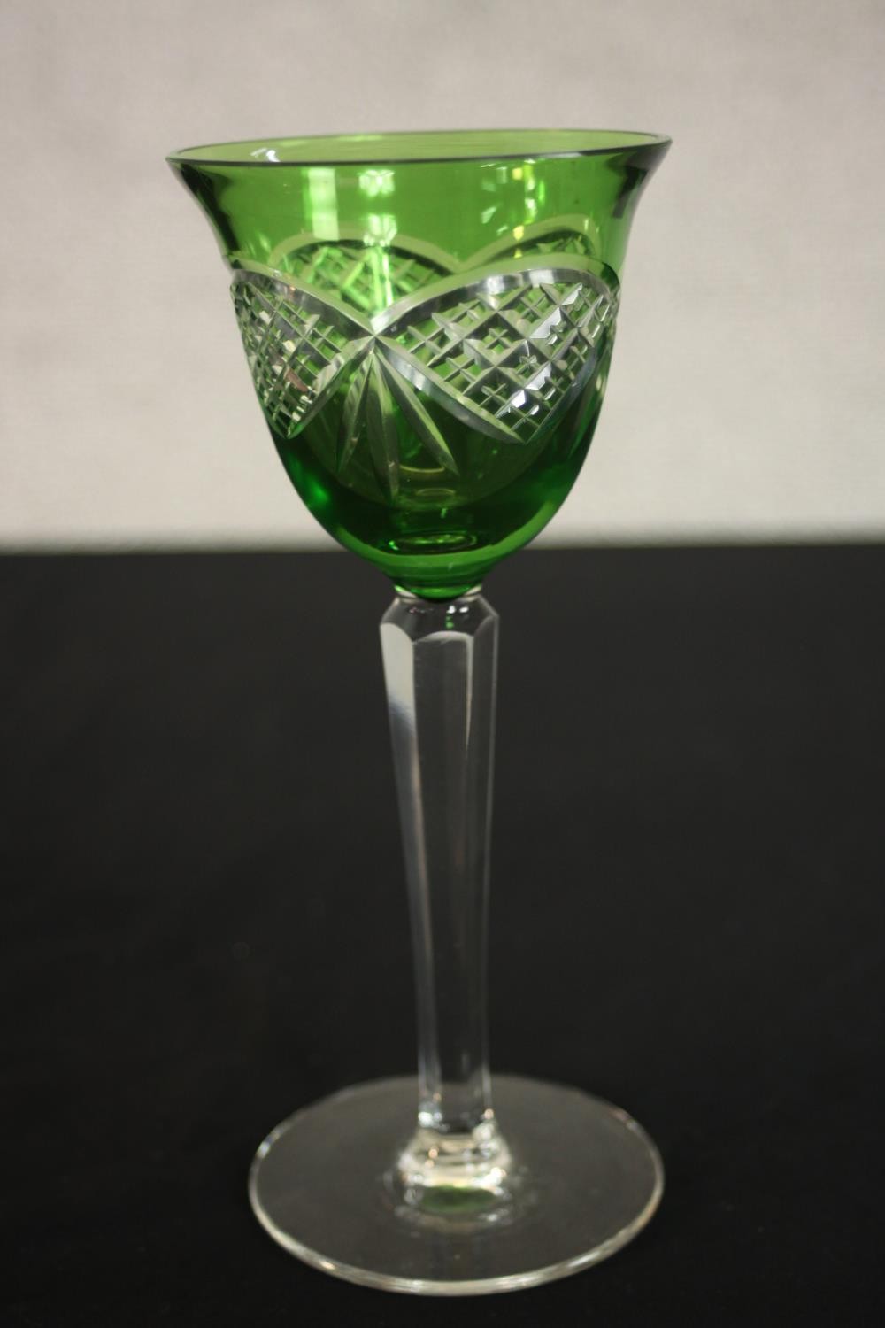 A collection of cut glass, including two Bohemian cut to clear green and purple wine glasses, two - Image 8 of 9